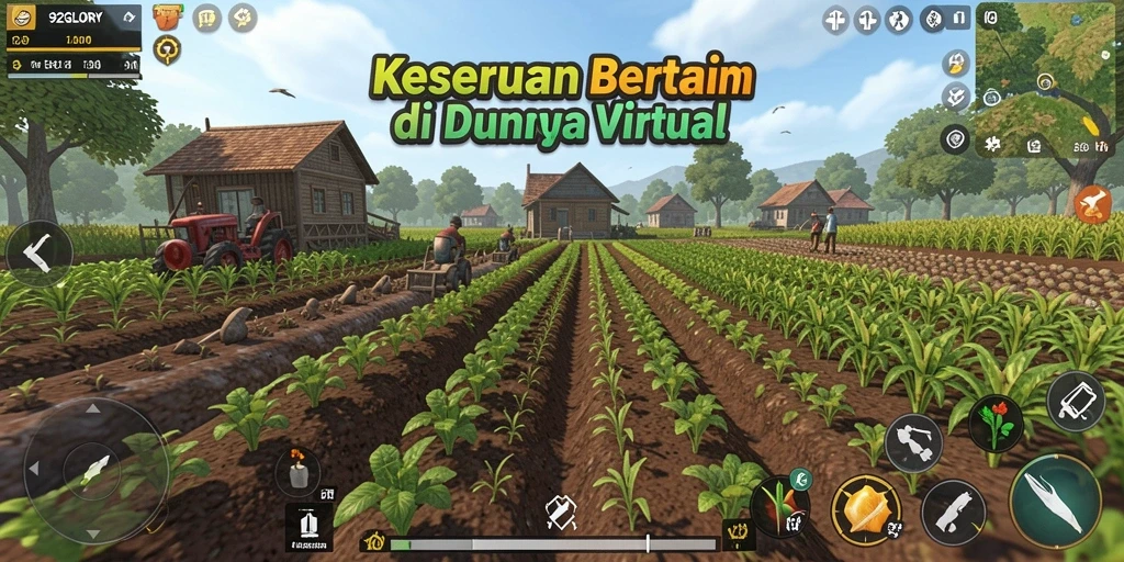 Screenshot gameplay 92GLORY menampilkan petani yang sedang merawat tanaman.