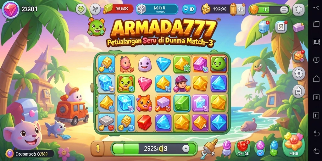 Tangkapan layar menampilkan gameplay Match-3 yang seru dan berwarna.