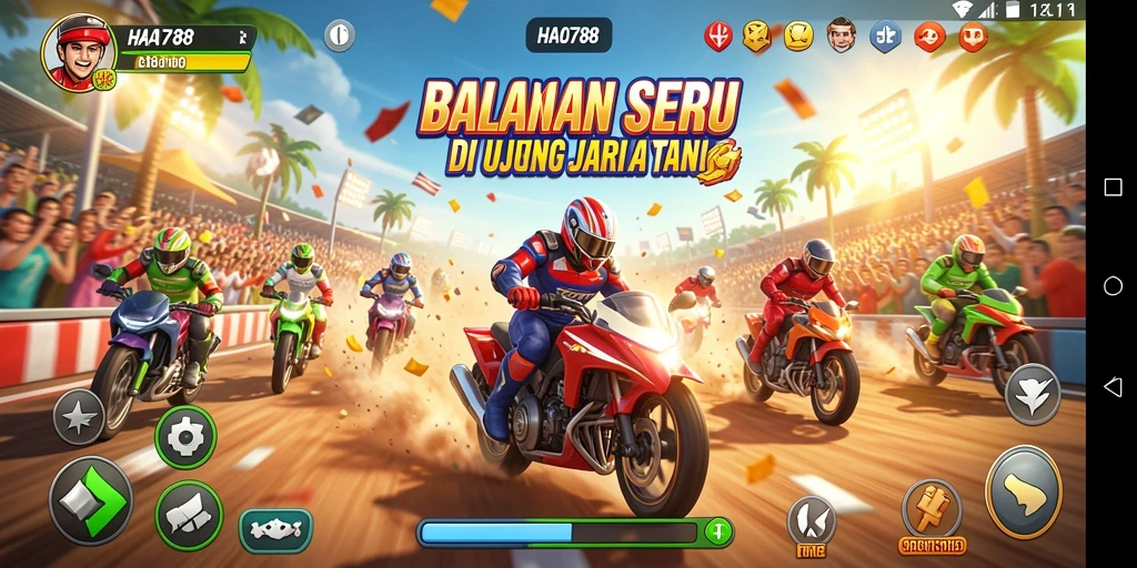 Screenshot HAO788 menunjukkan aksi balapan yang intens dan mobil yang dikelilingi oleh pemandangan kota.