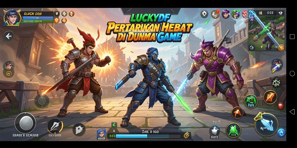Tangkapan layar gameplay LUCKYDF menunjukkan karakter bertarung di arena dramatis.