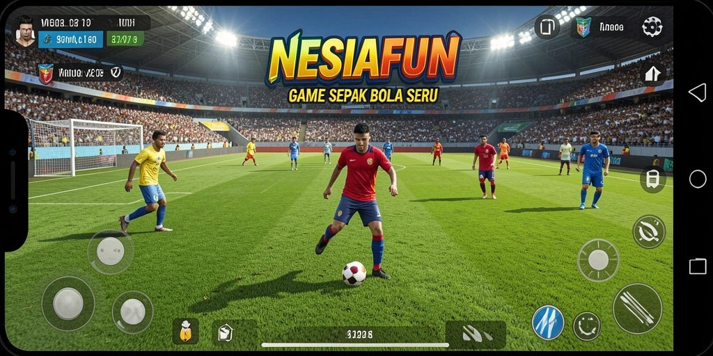 Screenshot gameplay NESIAFUN menampilkan pertandingan sepak bola yang mendebarkan.